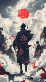 Central cloaked figure advances through clouds under red sun