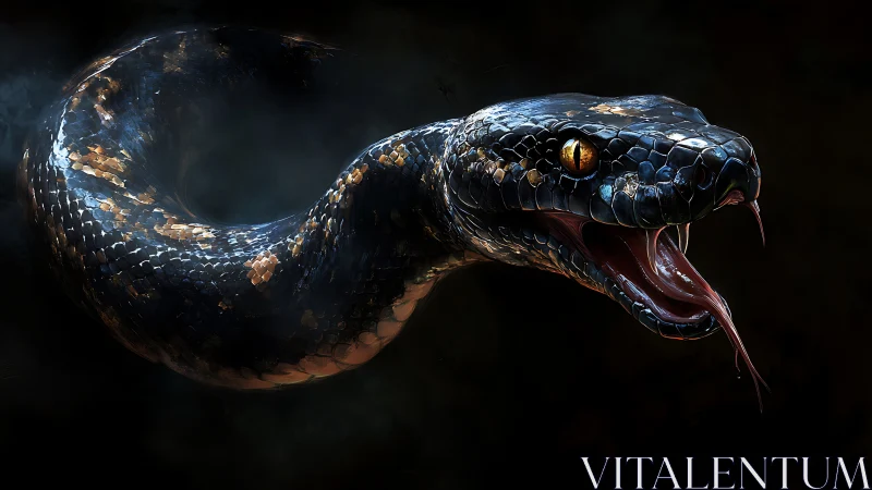 Midnight serpent arches through shadow with burning gold eyes.