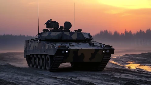 Tracked armored vehicle on sandy terrain at sunset.