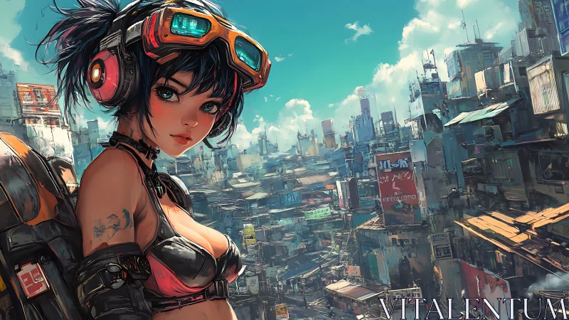 Cyberpunk girl gazes over a sunlit neon rooftop cityscape.