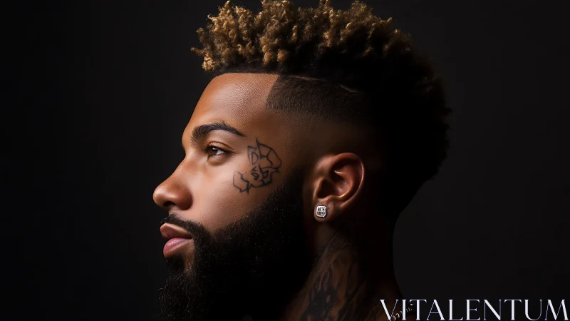 Profile portrait of stylish man with tattoo and fade haircut.
