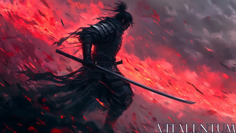 Armored swordsman in profile amid red fiery storm clouds.