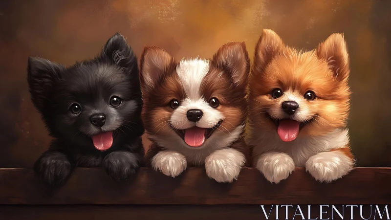 Playful trio of fluffy puppies in warm digital portrait.