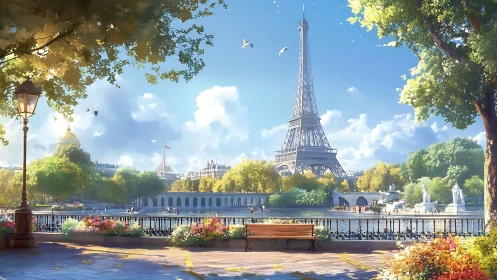 Paris riverside garden frames Eiffel Tower in autumn light.