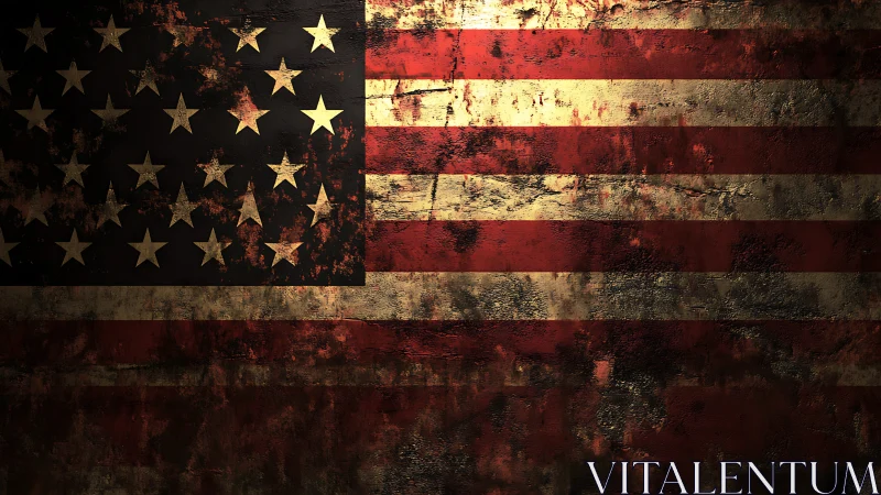 Weathered American flag on corroded metal surface texture.