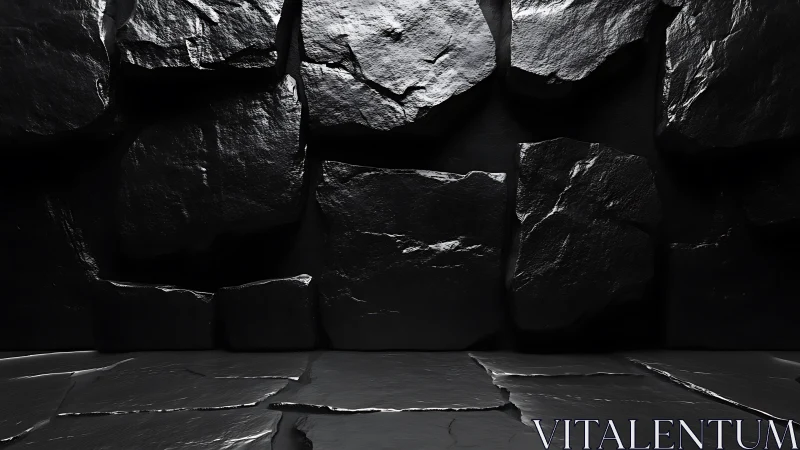 Specular black stone wall with tessellated slab floor surface.