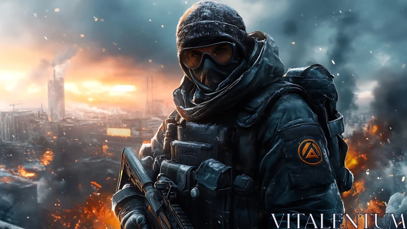 Heavily armored soldier stands in burning urban warzone environment