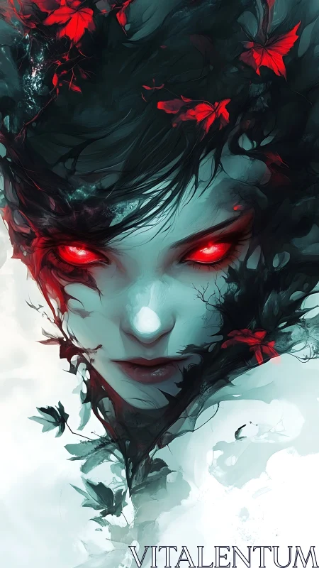Enigmatic spirit&rsquo;s glowing gaze pierces a storm of crimson petals