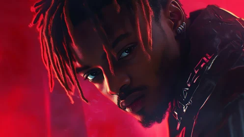 Moody portrait with neon red backlight and glossy jacket finish.