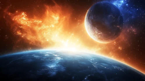 Planet horizon with rising light and nearby illuminated world