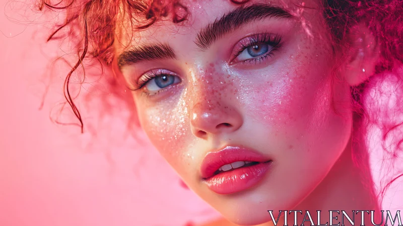 Iridescent freckled portrait in neon pink beauty lighting.