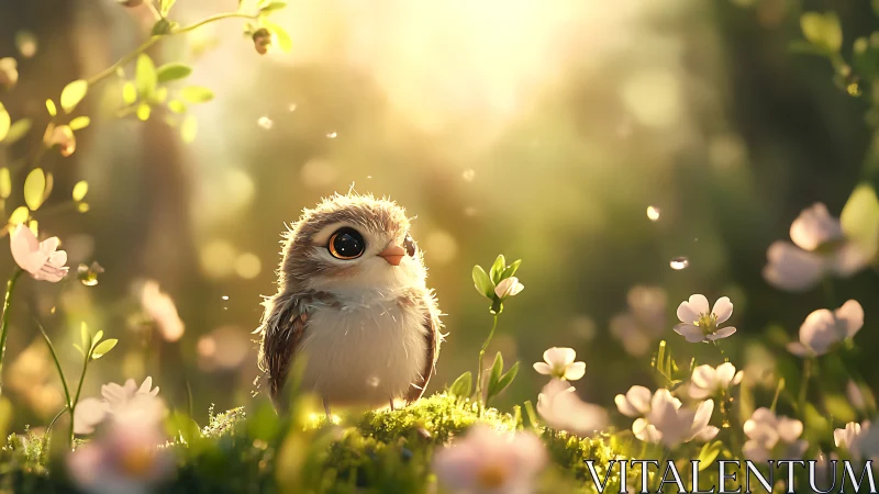Adorable Baby Bird in Sunlit Meadow, Whimsical Art Style.