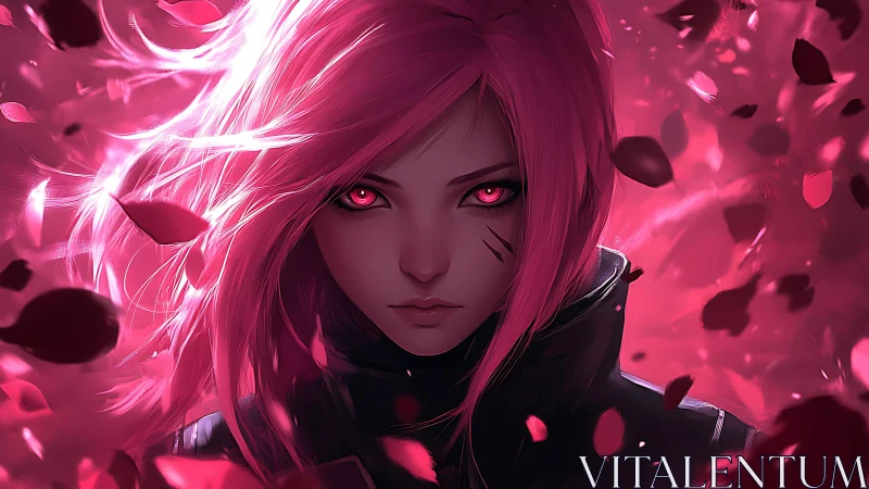 Digital portrait of pink-haired warrior amid dynamic petals.