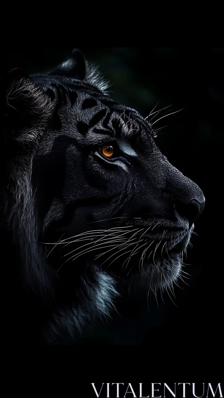 Black tiger profile with glowing amber eye in darkness.