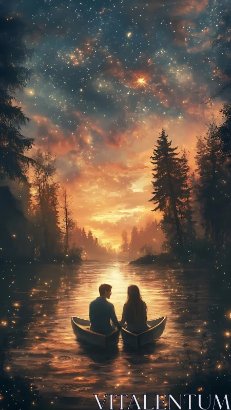 Two Souls Drift Through Starlit Waters at Dusk's Golden Hour.