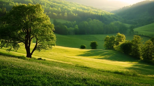 Gentle sunrise drifting across a quiet green valley.