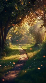 Luminous Forest Path With Glowing Particles and Dappled Light