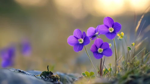 Purple Wildflowers in Morning Mist. Bokeh Nature.