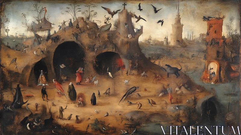 Apocalyptic desert landscape stages grotesque infernal rituals