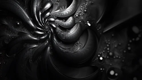 Fractal black vortex with metallic petals in motion.