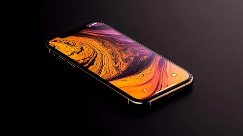 Modern smartphone with vibrant abstract wallpaper on dark background.