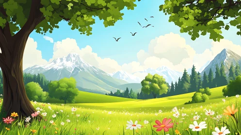 Mountain meadow landscape shows trees, flowers, and clouds