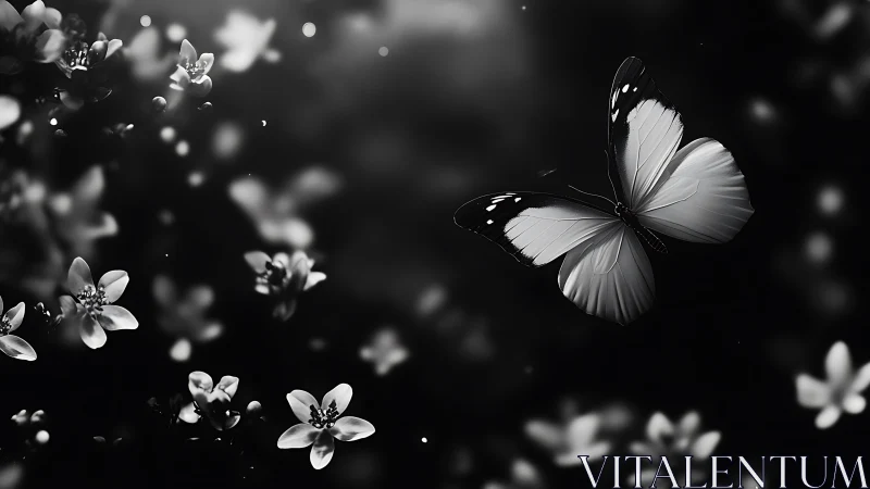Monochrome butterfly glides through luminous spring blossoms.