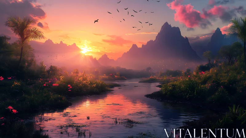 Sunset over river valley with distant mountains and flora.