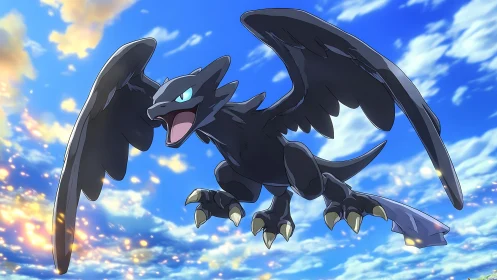 Black dragon with spread wings soaring across sky scene