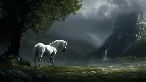 White horse pauses beneath stormlit cliffs and waterfall.