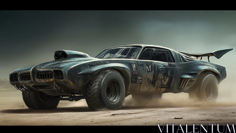 Postapocalyptic muscle car powers through desert dust storm.