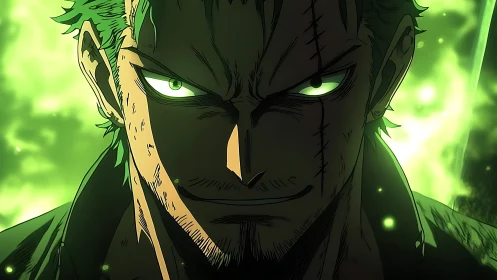 Intense green-eyed anime swordsman in glowing aura.