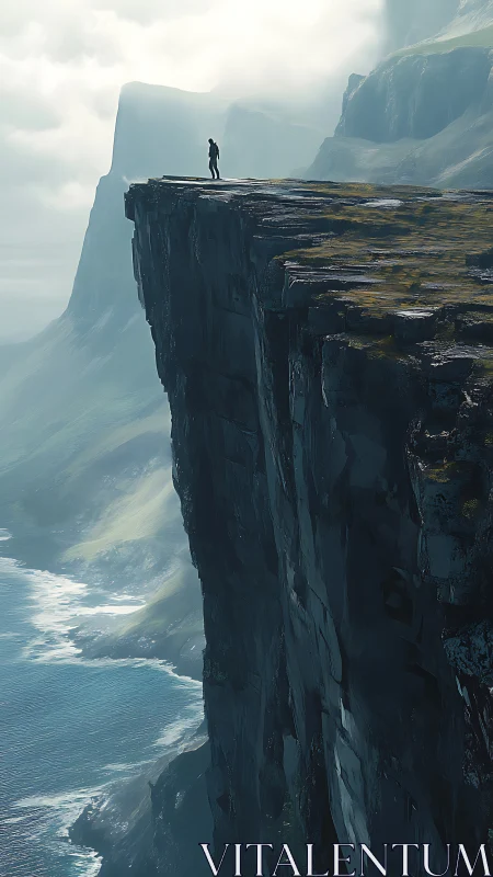 Solitary figure on towering sea cliff in misty light.