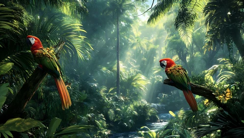 Twin jungle macaws trade colors with the waking rainforest.