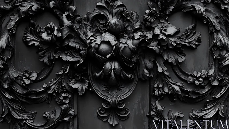 Baroque black relief panel with ornate floral scrollwork composition.