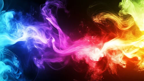 Colorful swirling smoke drifts across darkness in bright waves