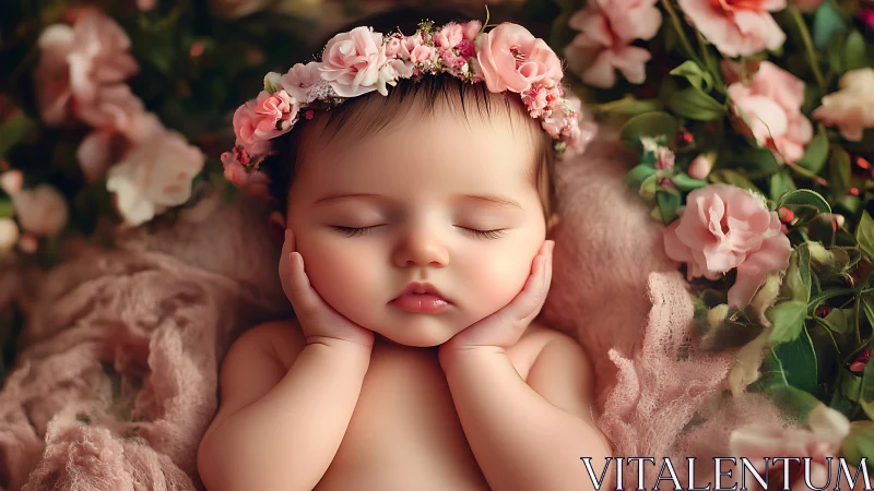 Sleeping Infant Crowned in Pink Flowers.