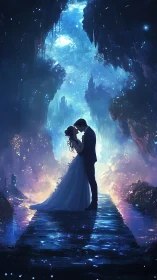 Ethereal couple embraced beneath cosmic crystalline cavern