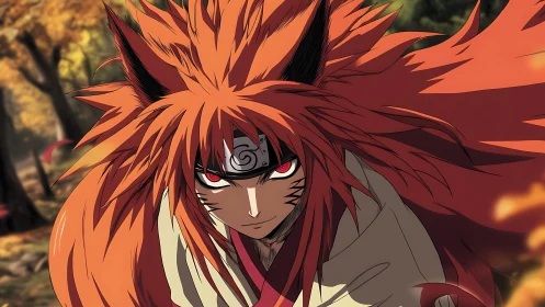 Fiery fox warrior charging through a glowing autumn forest.