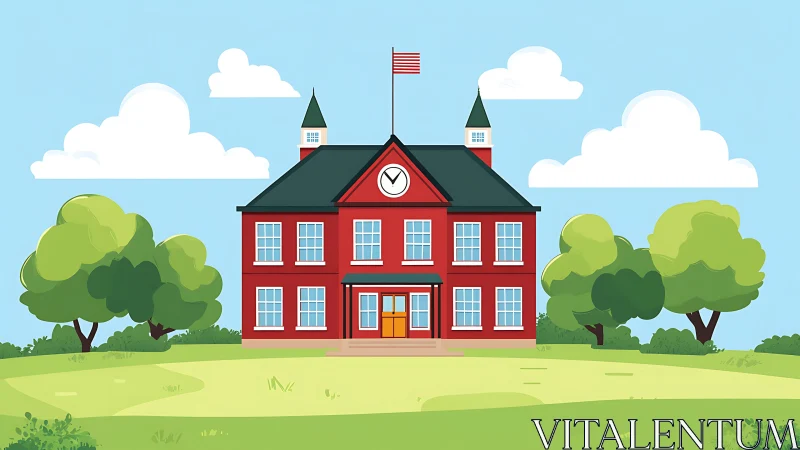 Cheerful red schoolhouse nestled in a bright green campus.