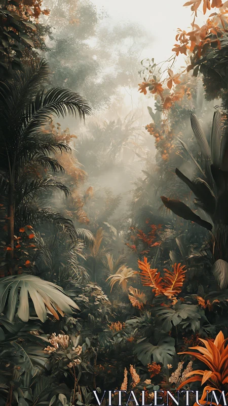 Misty Jungle Garden Where Light Finds Its Way.