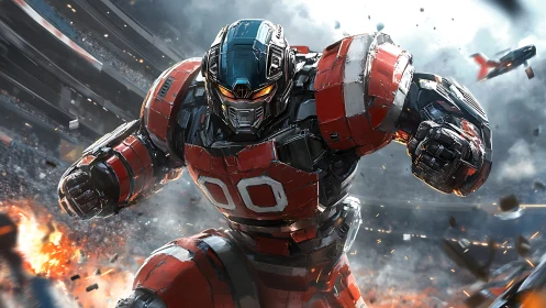Stadium titan robot charges through sparks and roaring crowds.