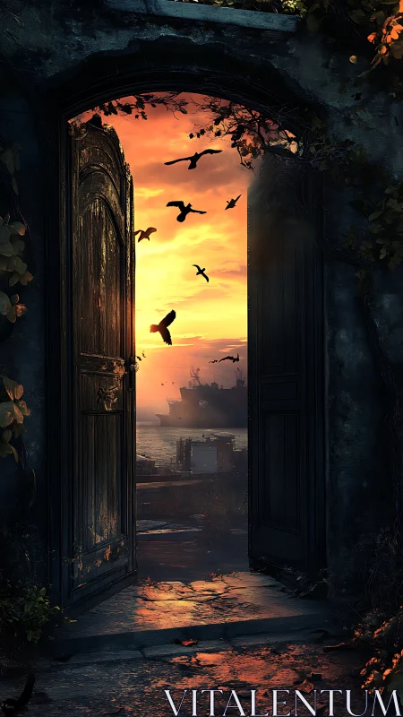 Rustic doorway framing harbor sunset with silhouetted birds