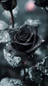 Black Rose with Glistening Water Droplets in Moody Garden Setting.