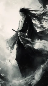 Monochrome samurai warrior in turbulent ethereal mist