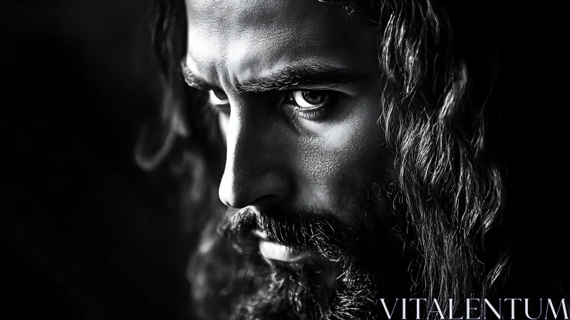 Intense monochrome portrait with dramatic side lighting.