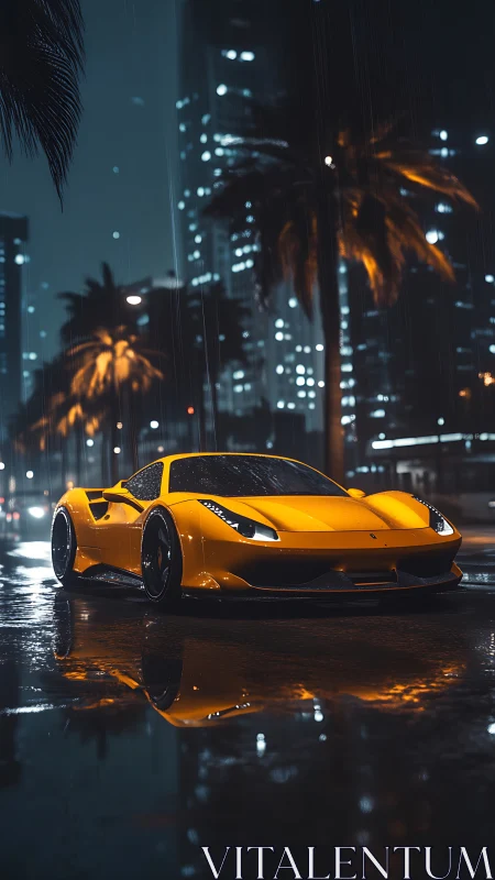 Golden sports car glowing softly in a rainy city night.
