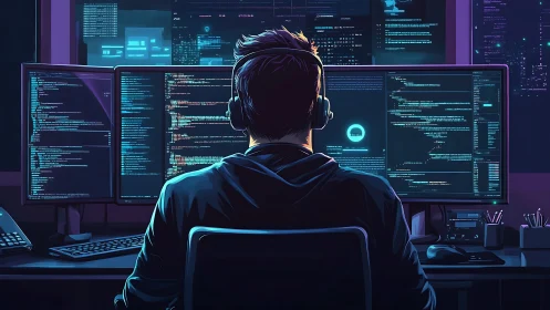 Focused developer codes at multi-monitor setup by night