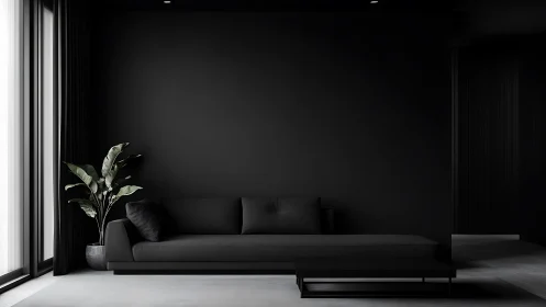 Cozy monochrome living room wrapped in deep black calm.