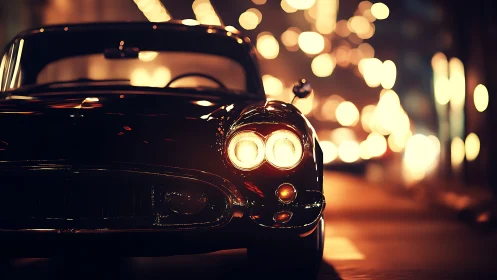 Noir night study of a classic car under cinematic bokeh